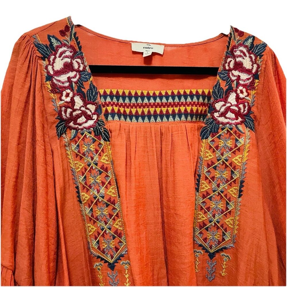 ENTRO Rust-Colored Embroidered Tie-Front Bell Sleeve Boho Shirt Sz L - Picture 3 of 10